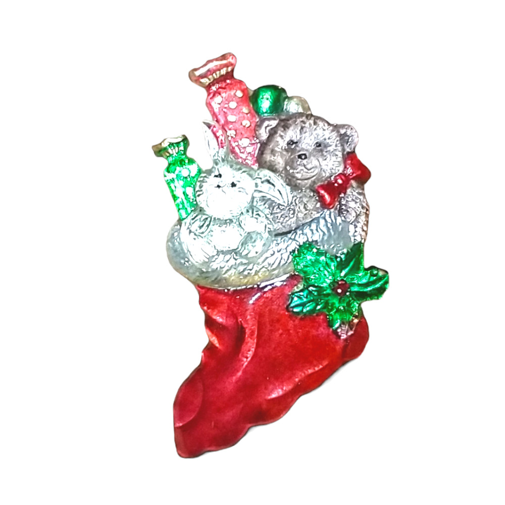 Vintage Plastic Christmas Stocking Brooch with Teddy Bear Puppy Toys Gifts